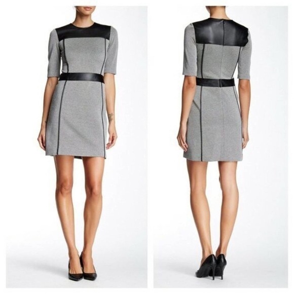 Theory Dresses & Skirts - Theory Leather Black White Pattern Knit Calvino Elmore Sheath Dress Office Small